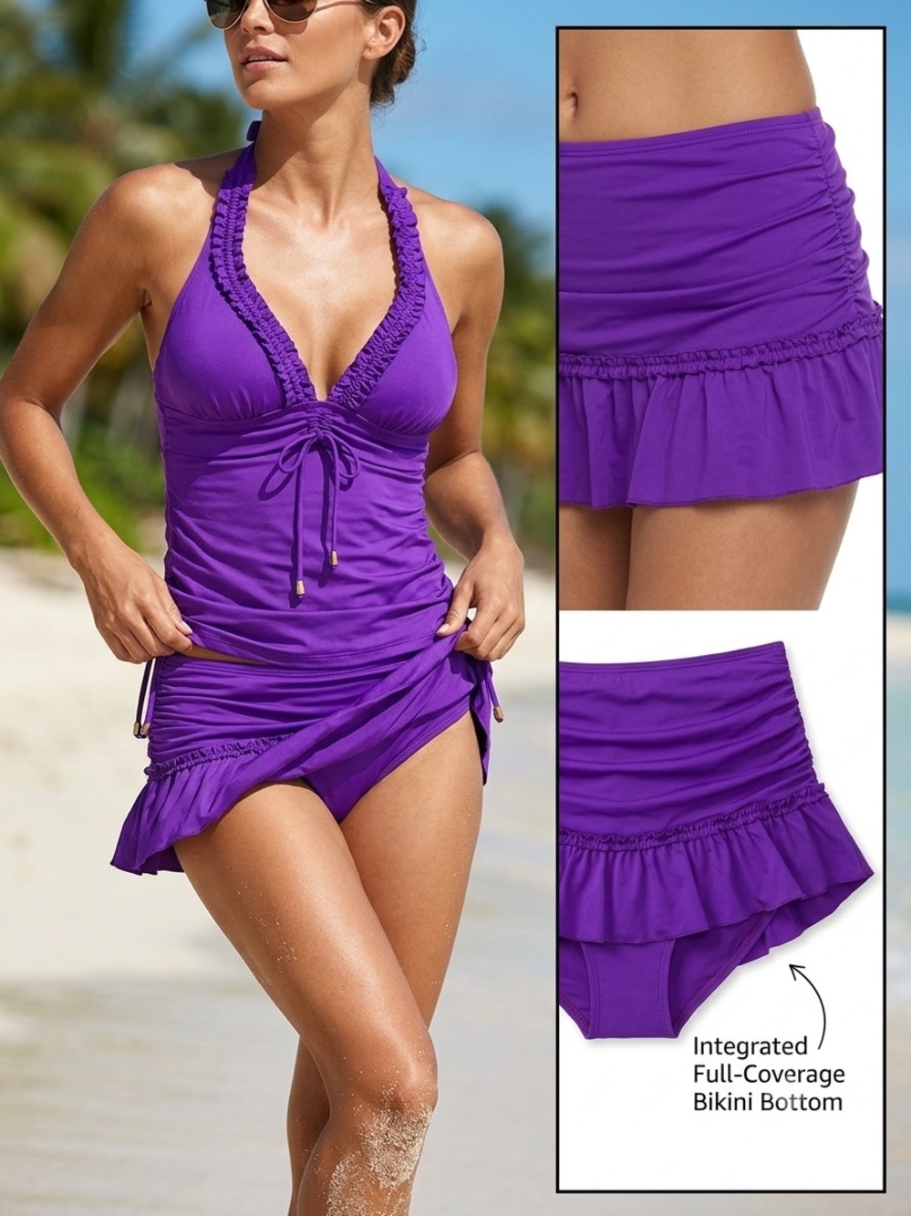 Kenneth Cole 2 pc  Purple Ruffle Halter Tankini with Skirted Bottom
